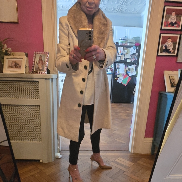 Beautiful Fitted White/Cream Brocade Coat W Removal FUR Collar Sz Small, Merona - Picture 5 of 16